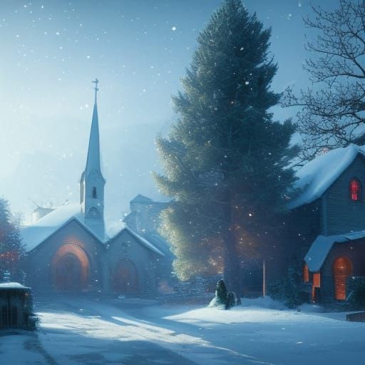 Surreal Christmas Landscape of Peaceful Snow and Bells in Tr...