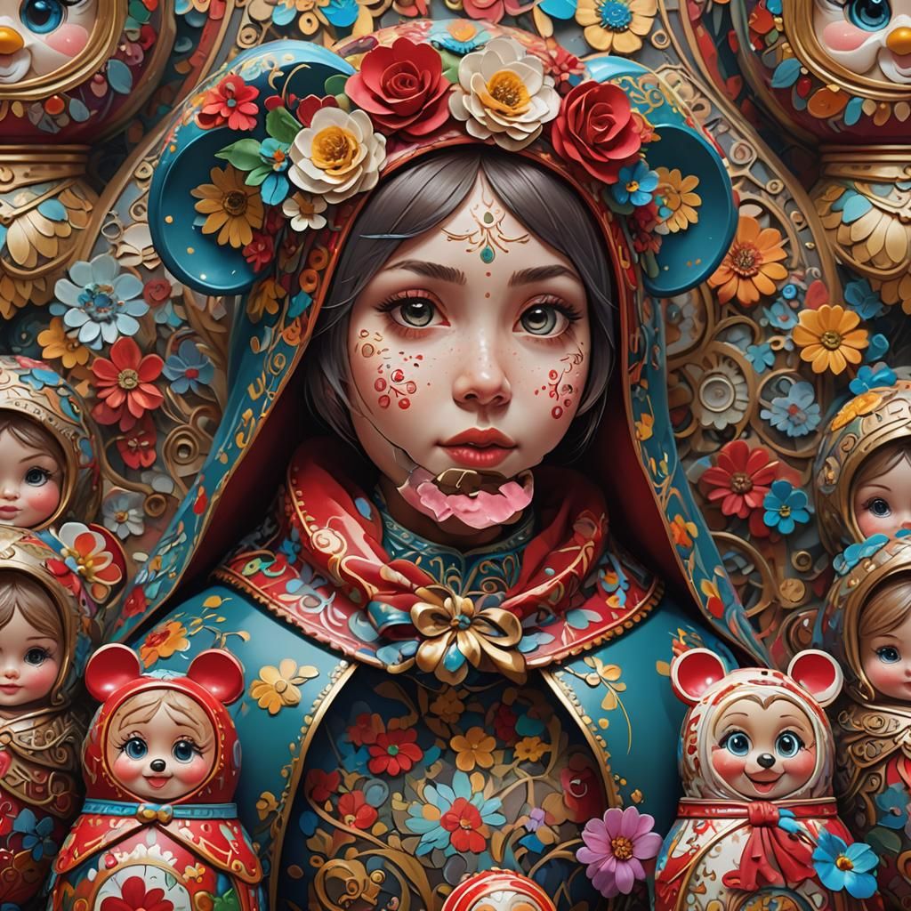 Surreal Matryoshka Doll in Vibrant Triadic Colors