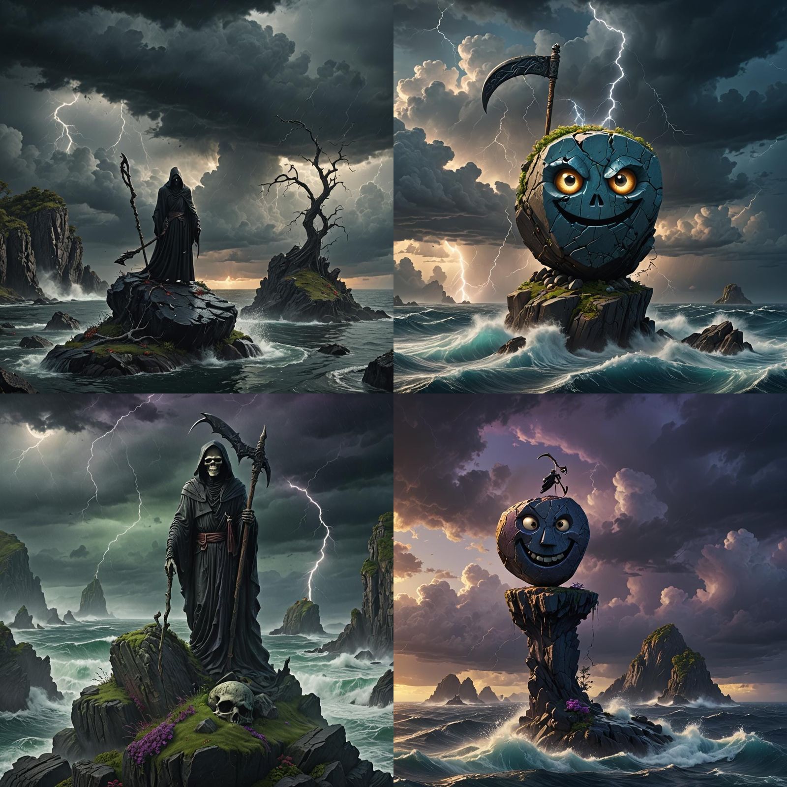 Grim Reaper Rock Amidst Oceanic Storm in Fantastical 3D Art