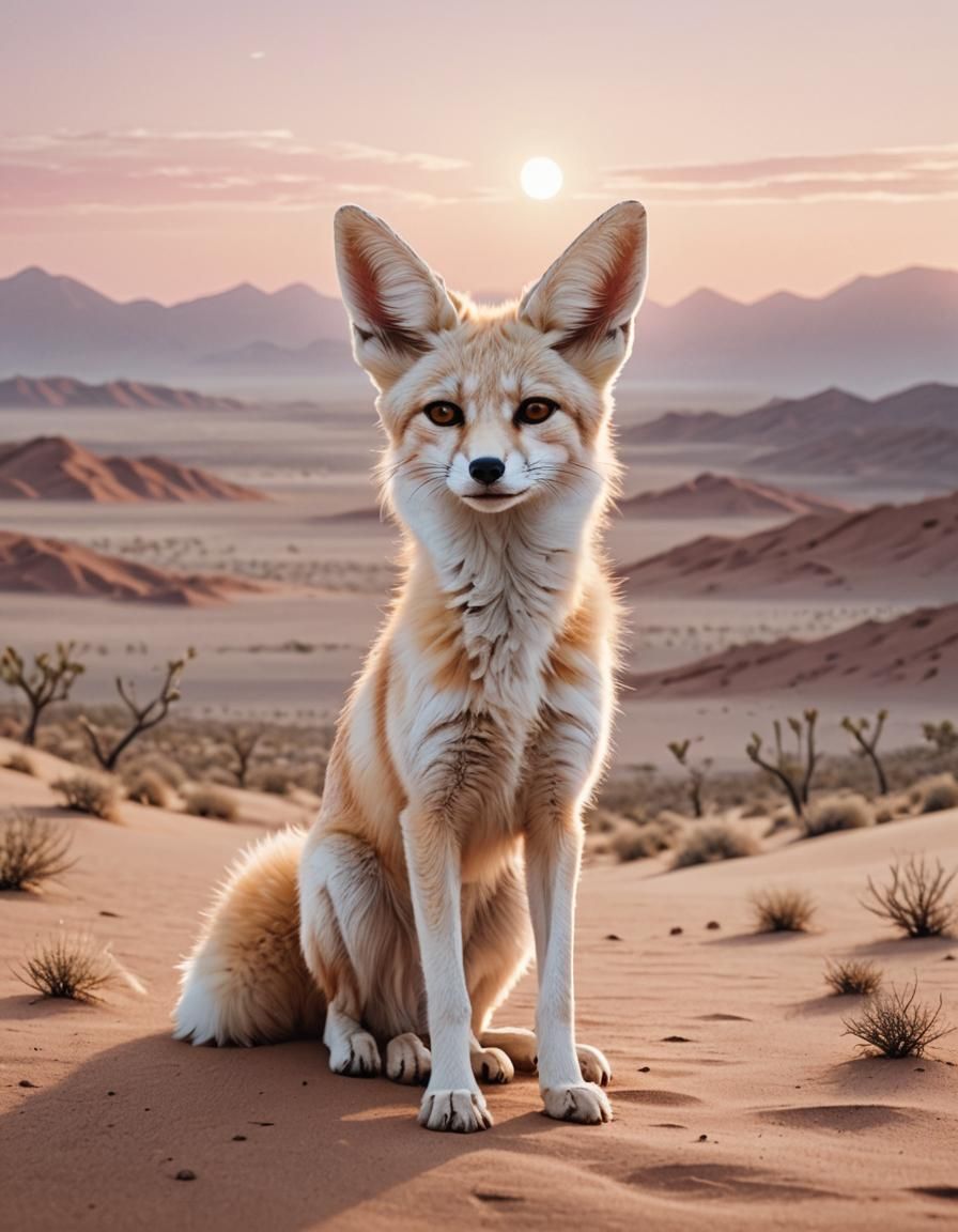 Ethereal Fennec Fox Set Against a Desert Sunrise