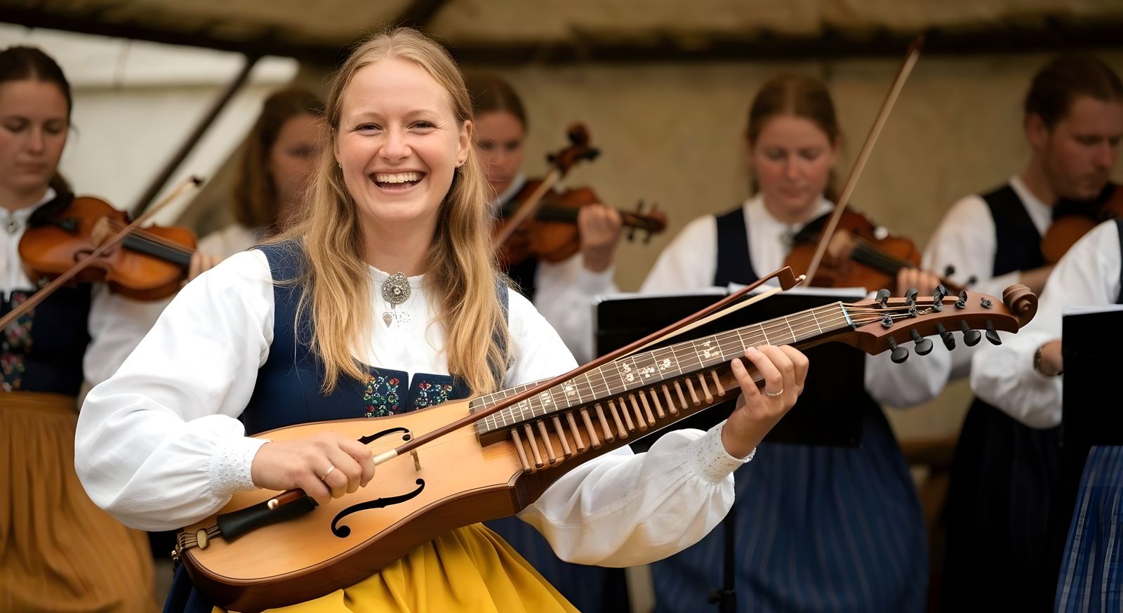 Swedish Woman Plays Nyckelharpa at Folk Gathering