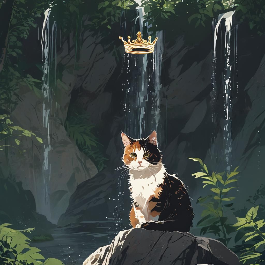 Whimsical Feline Reigns Under Sunlit Waterfall