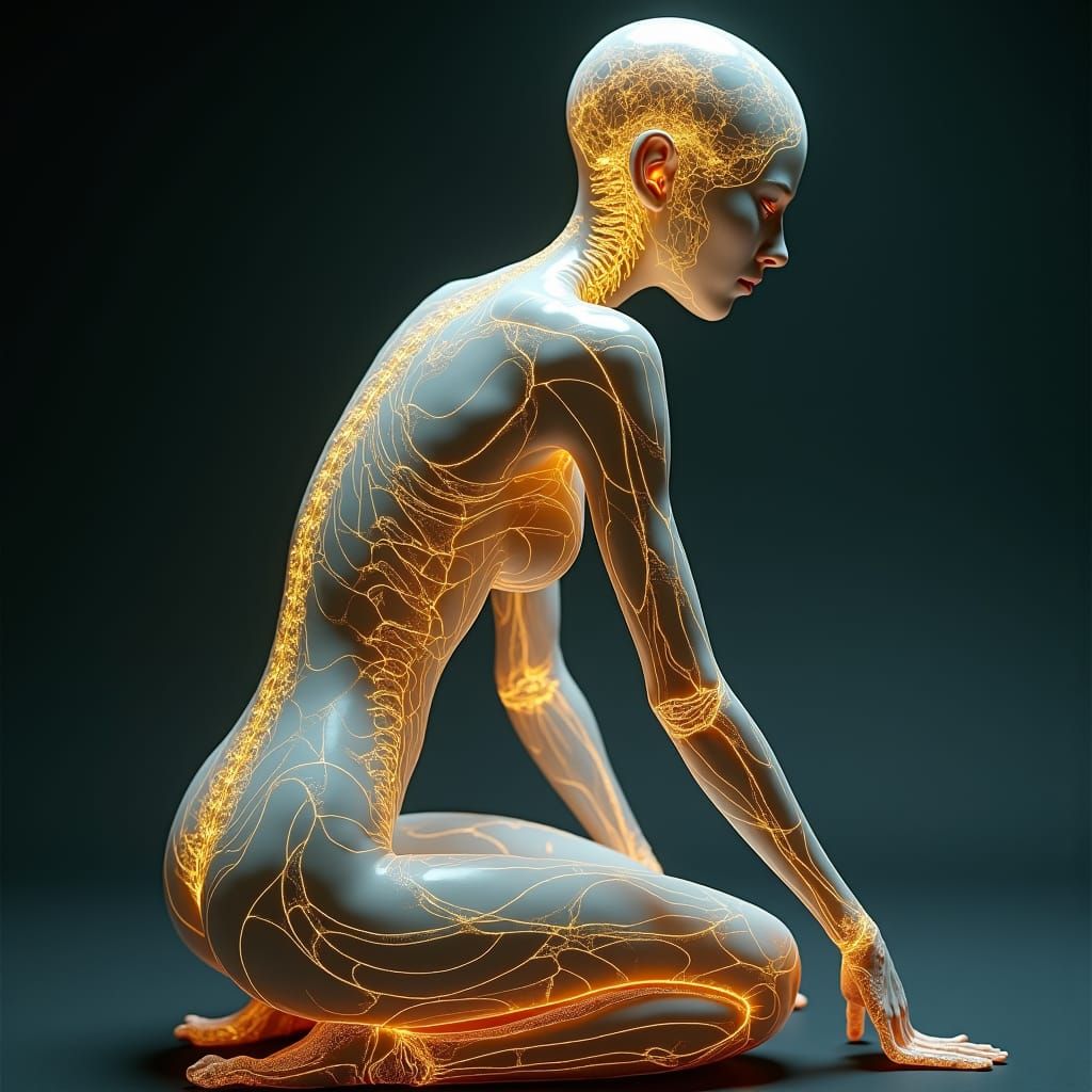 A woman's slender, elongated body, posed in a sinuous, figur...