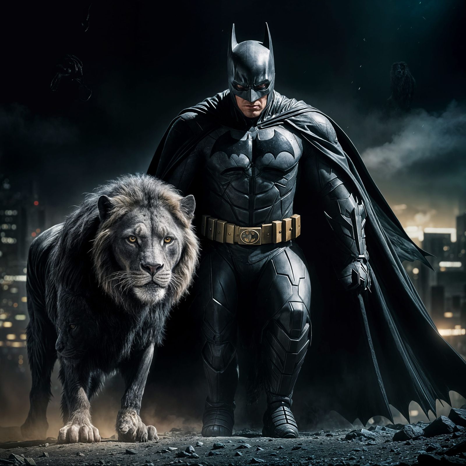 Batman in Cinematic Darkness with a Majestic Black Lion