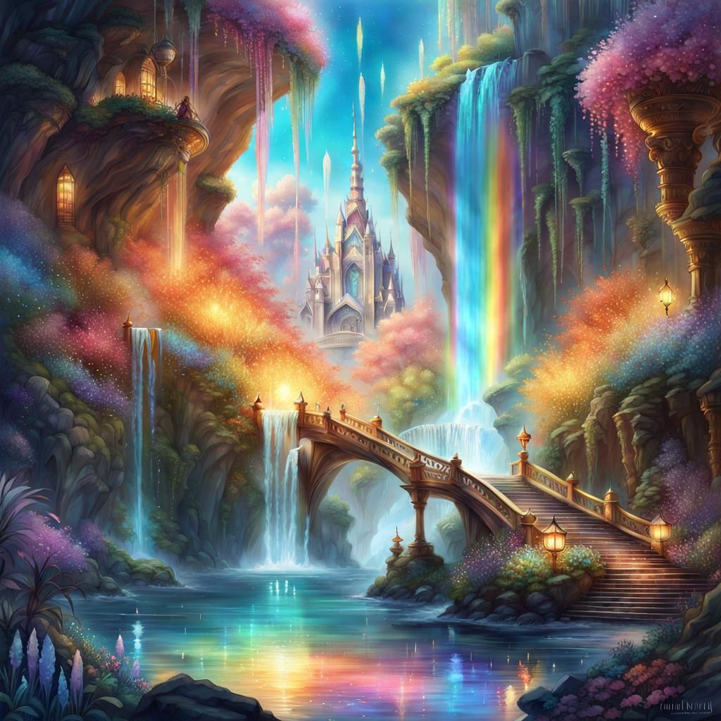 Enchanted Crystal Fountain in Vibrant Watercolor Style