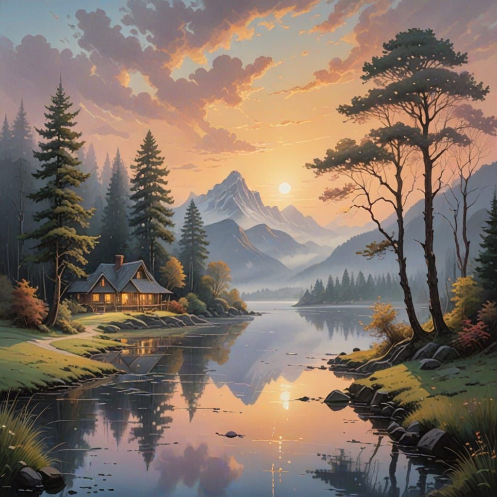 Golden Dawn Fantasy Scene in Gouache Style