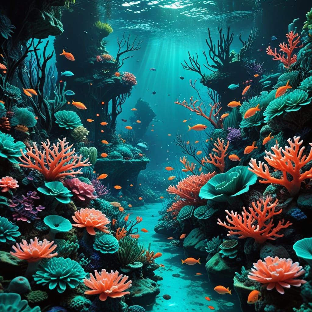Breathtaking Underwater Cityscape in Vibrant Teal and Coral ...