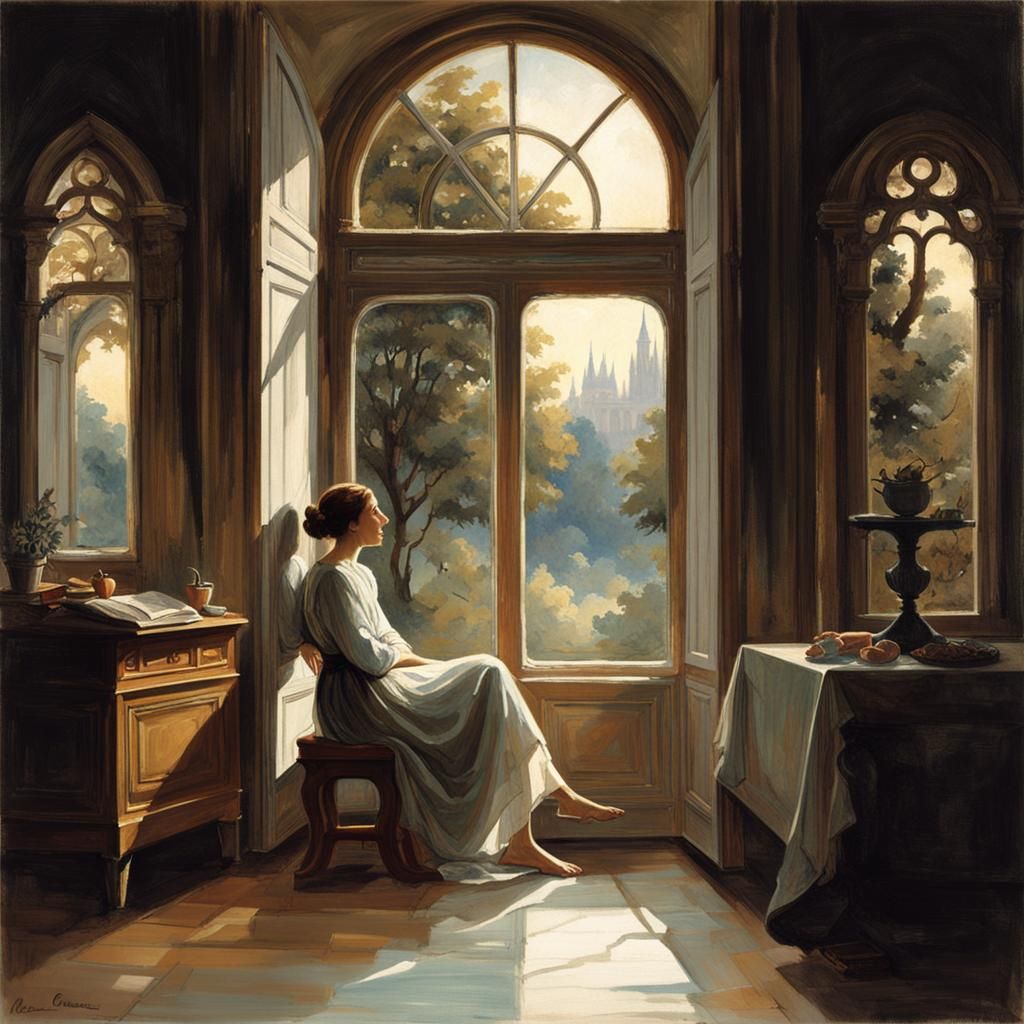 Woman Contemplating Courtyard in a Calm Atmosphere, as Soft...