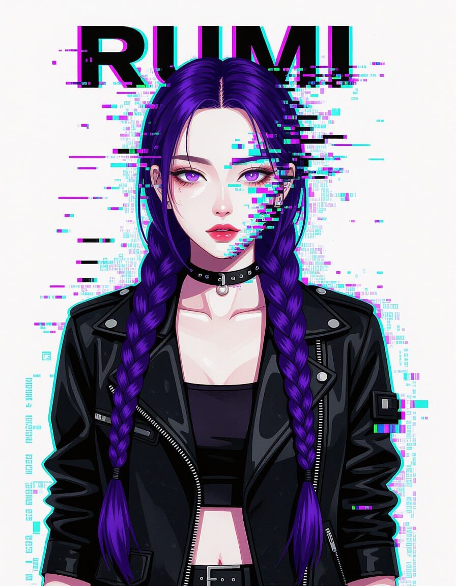 Kpop Idol Demon Hunter in Glitch Art Style