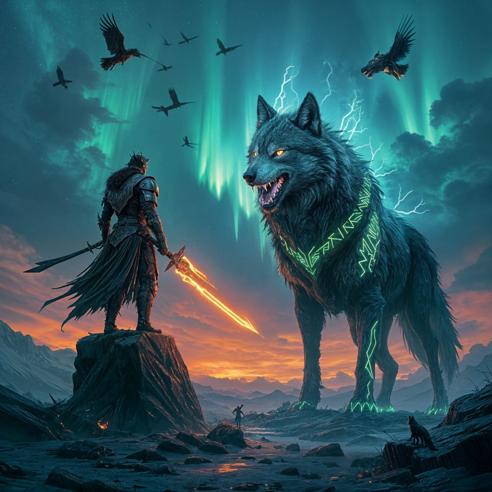 Cyberpunk Wolf Defends Shattered World-Tree