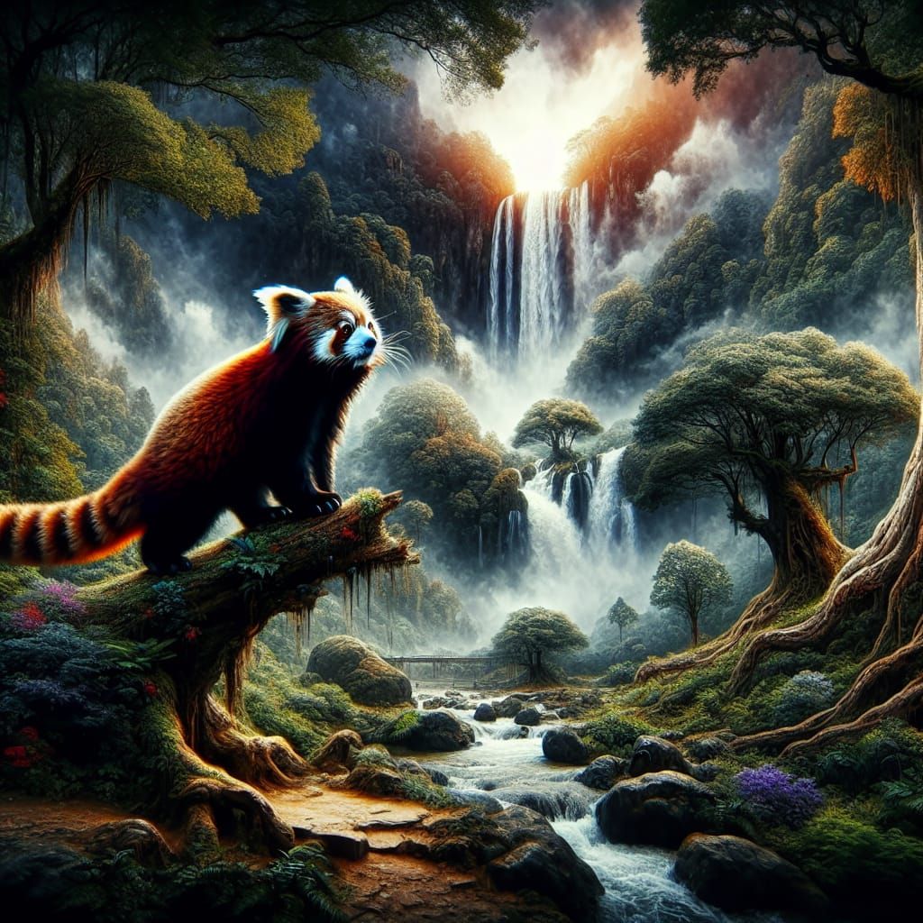 Fantastical Red Panda Silhouetted by Majestic Waterfall in L...