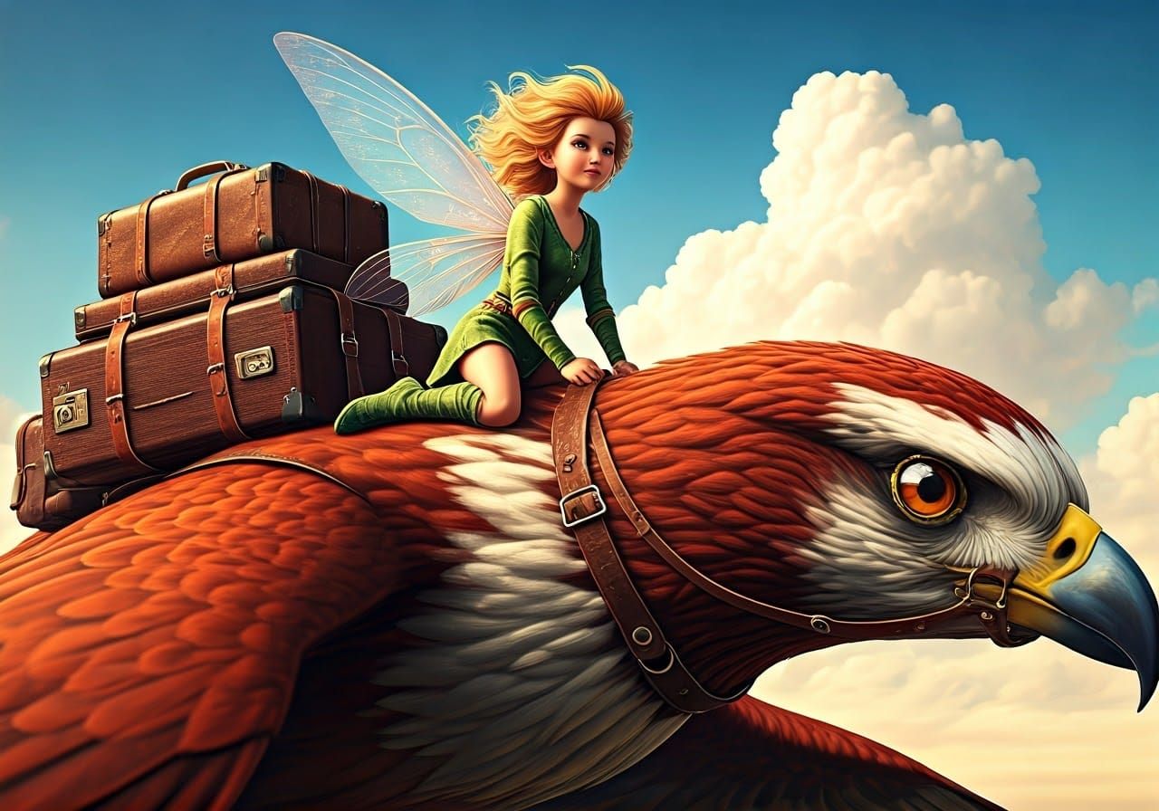 Whimsical Fairy Sails the Skies on a Majestic Flying Bird