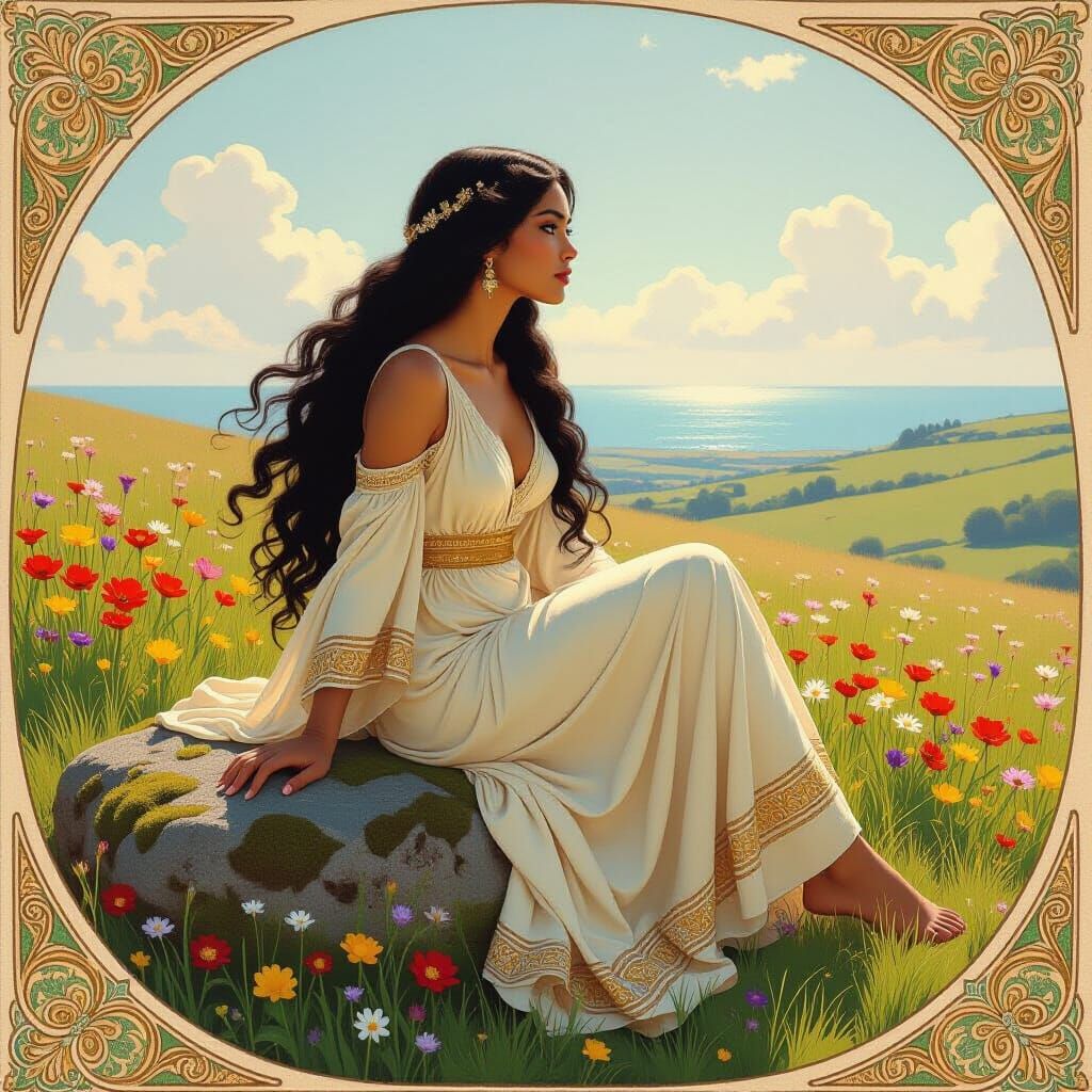 Woman in Meadow, Art Nouveau Style