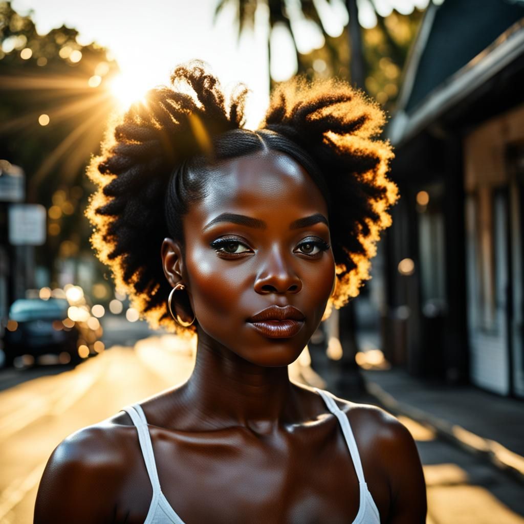 Gracious Black Woman Basks in Warm Sunshine