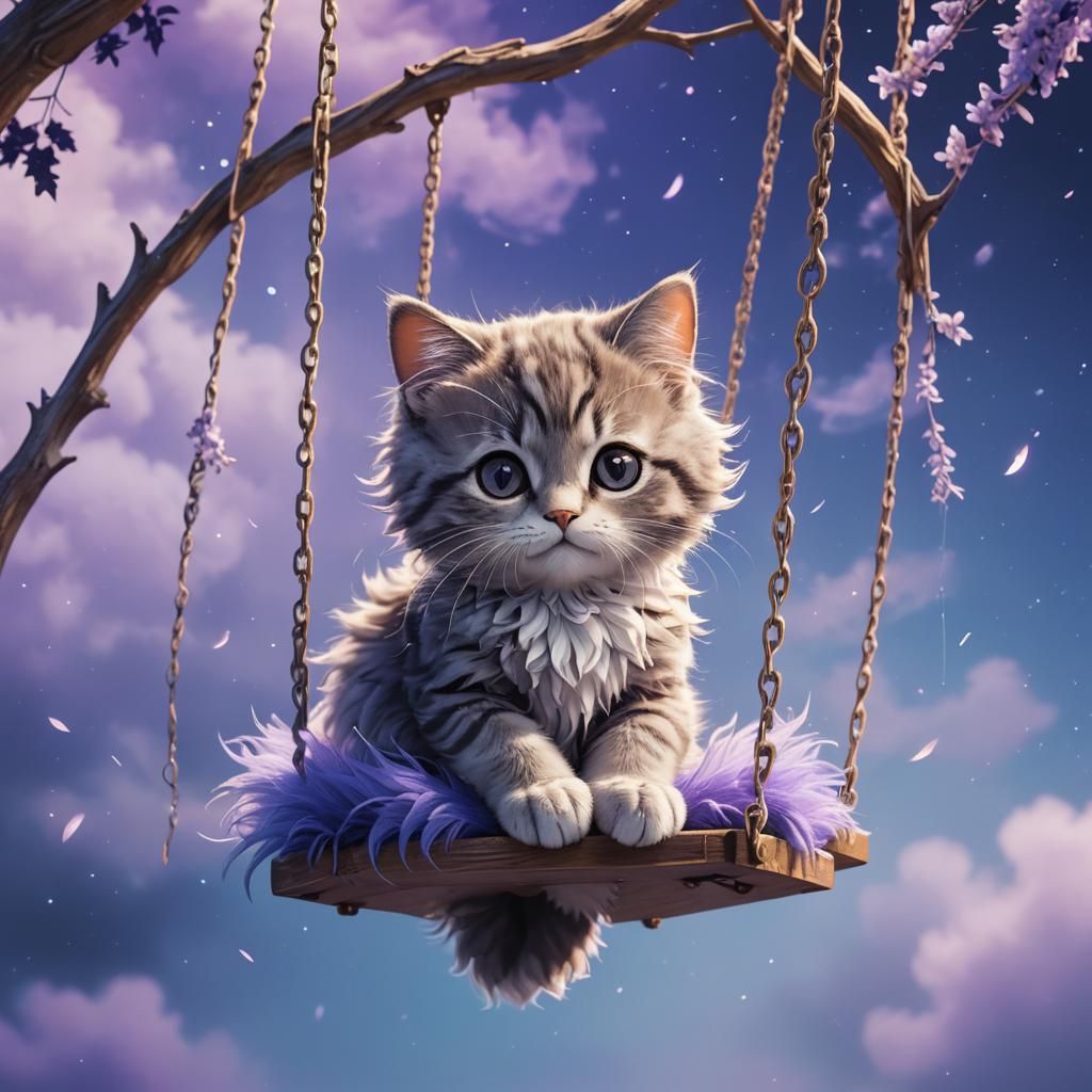 Anime Manga-Style Kitty Soars on a Swing Amidst Enchanting B...