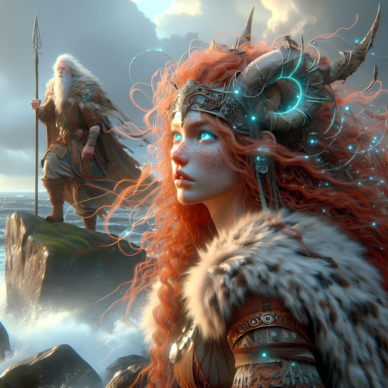 Warrior Goddess in Viking attire, as Art Nouveau-Inspired Di...