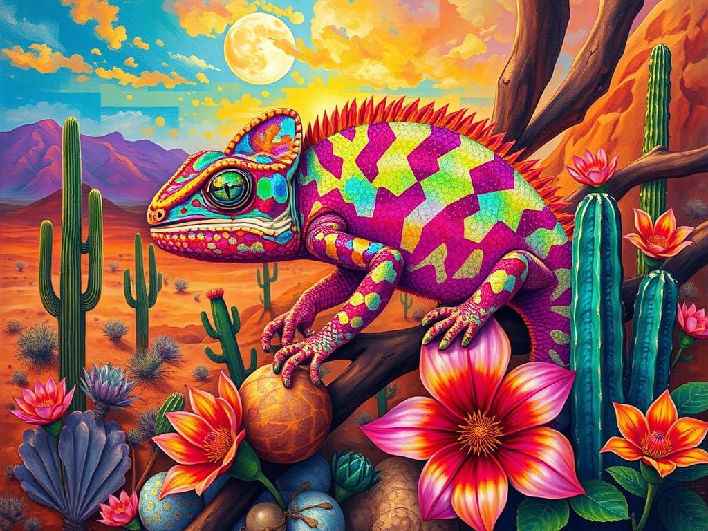 Surreal gingham patterned chameleon