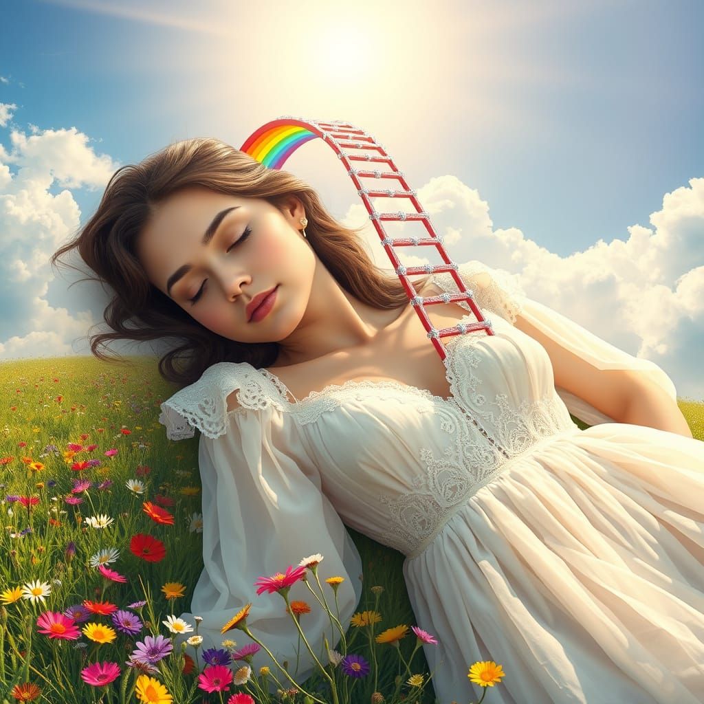 Peaceful Woman on Rainbow Bridge in Vibrant Meadow