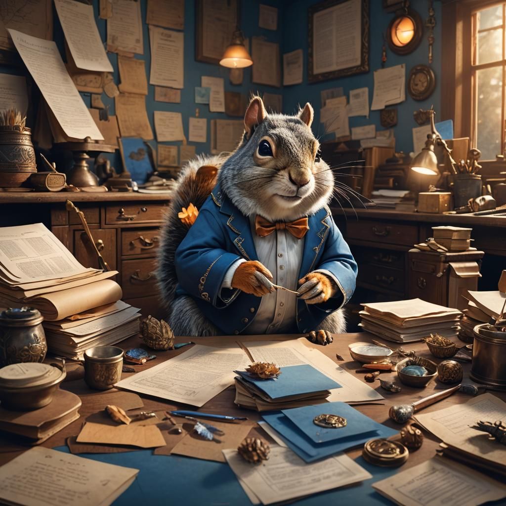 A Business-Savvy Squirrel in Whimsical Fantasy Realism