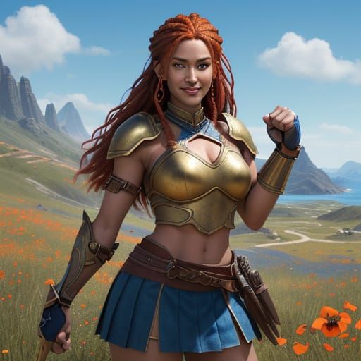 Fantasy Warrior Goddess in Vibrant Landscape