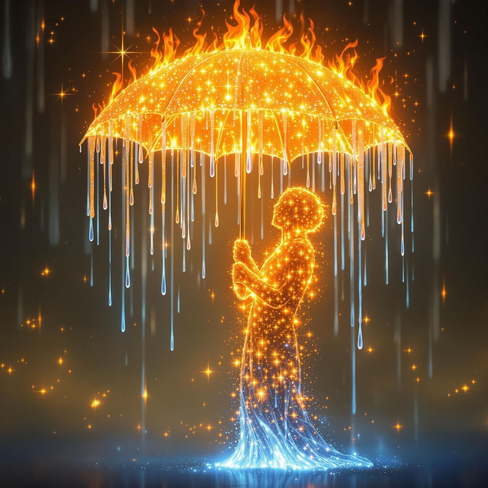 Enchanted Flame Figure Stands with Glowing Umbrella of Spark...