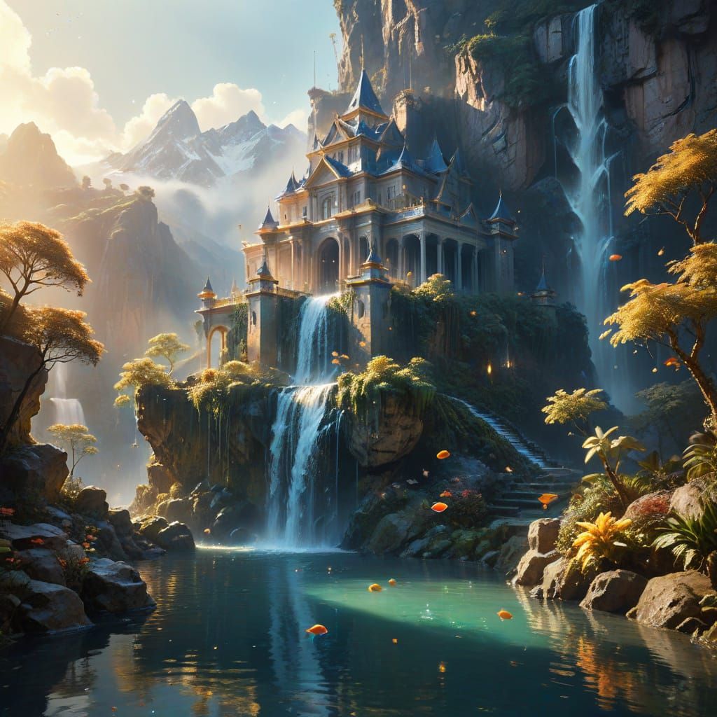 Ethereal Royal Palace with Waterfalls, Dreamlike Fantasy Arc...