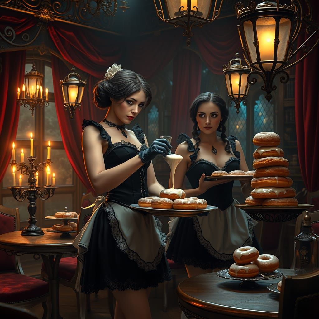 Gothic French Night Cafe: Enchanting Maids Serve Donuts in 1...