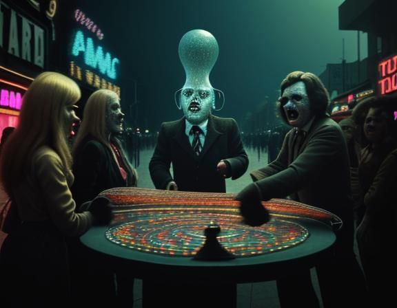 In retro 70s photorealistic style; IThe most famous idiot - an ugly man - in the western hemisphere strolls casually dow...