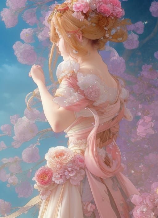 Anime Princess in Peach Gown, Digital Art Portrait