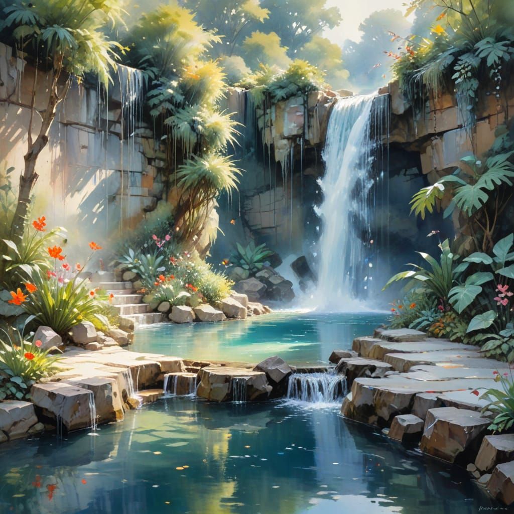 Magical Waterfall Scene in Watercolor Style