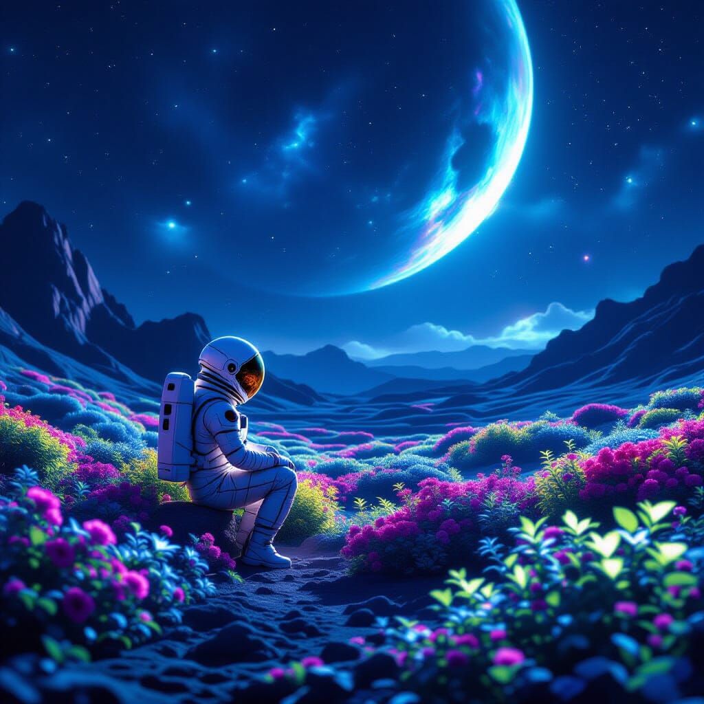 Astronaut Tends Bioluminescent Garden on Moonscape
