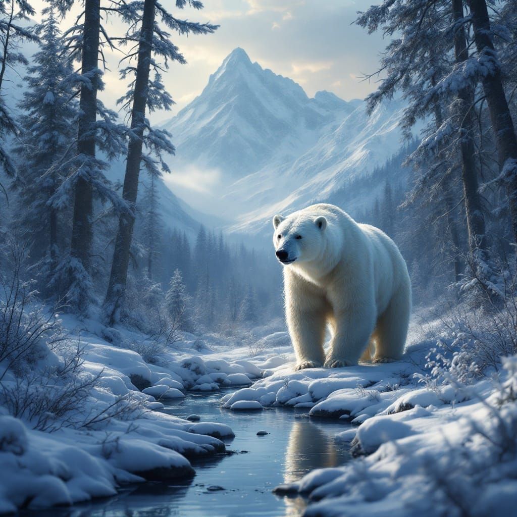 Epic Winter Wonderland with Polar Bear in Cosmic Forest Land...