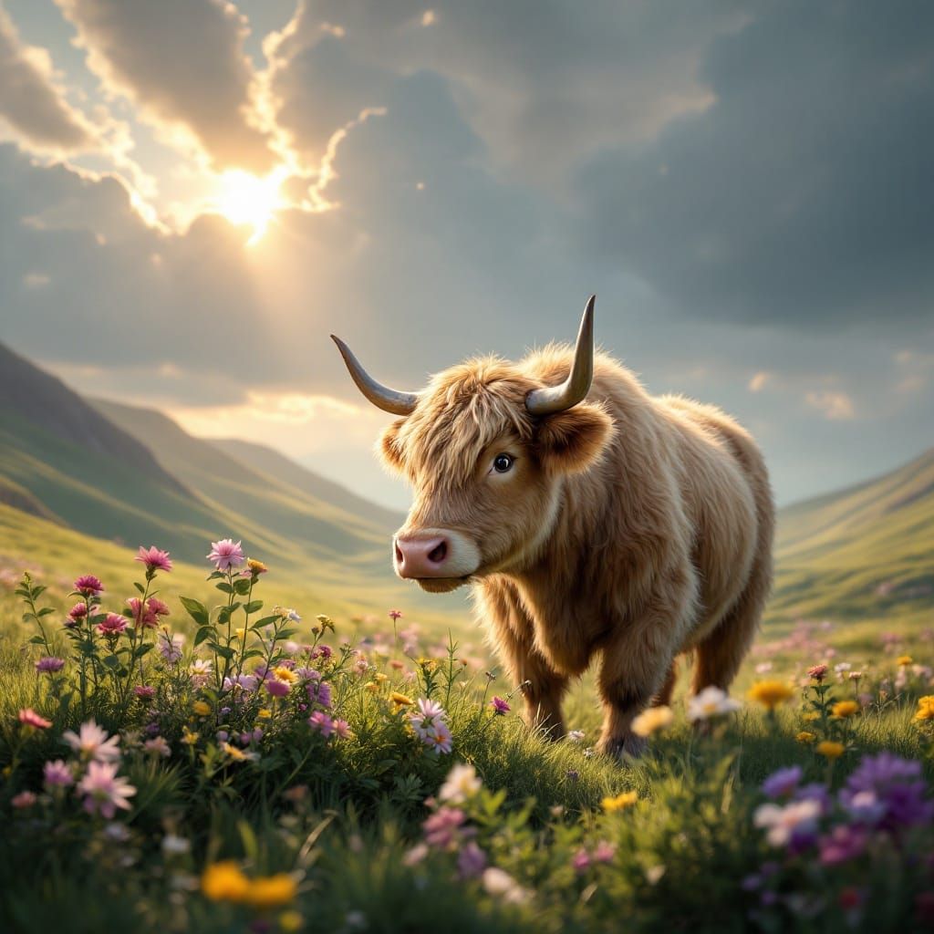 Majestic Scottish Highland Cow in Whimsical Highland Landsca...