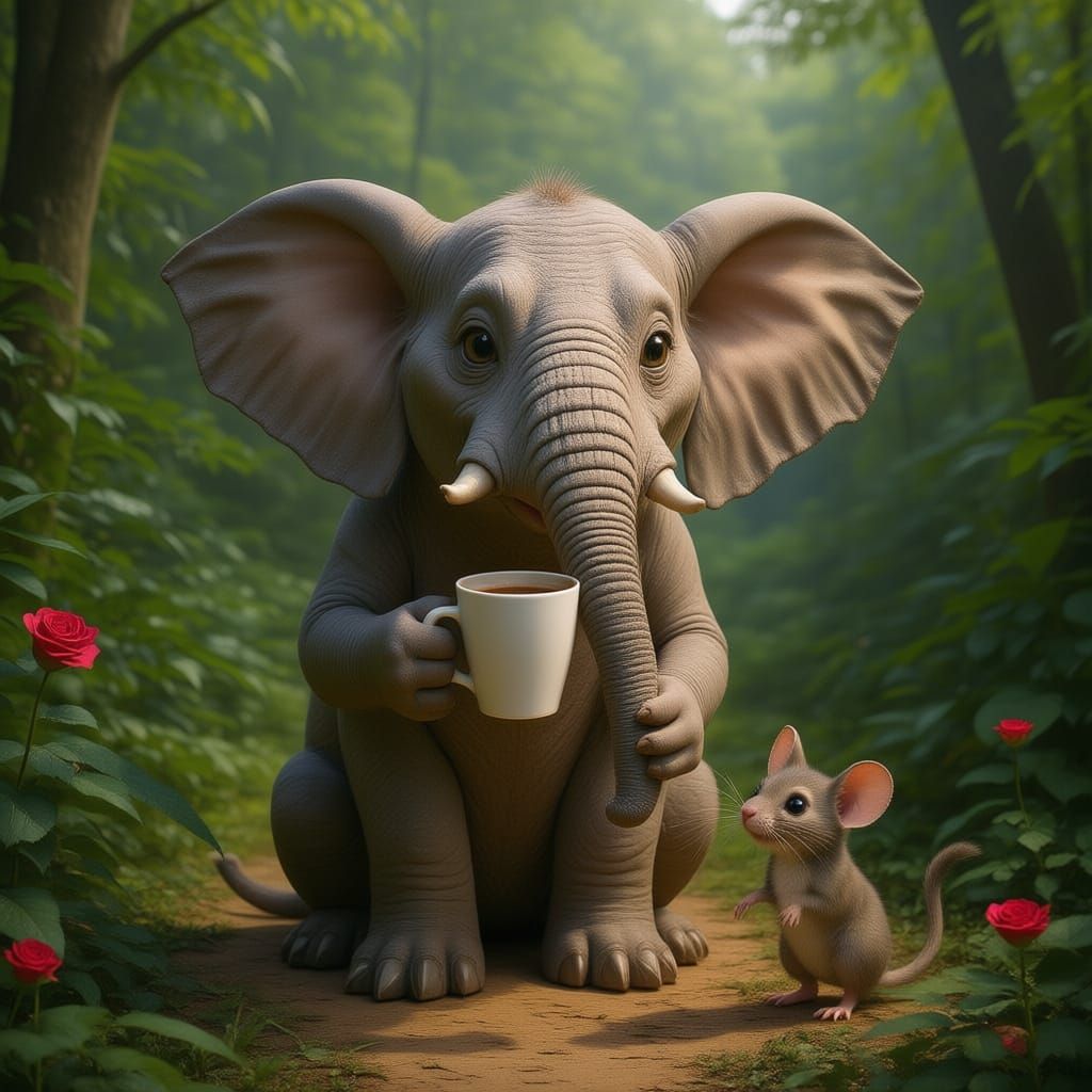 Happy Elephant Drinks Coffee with Mouse in Jungle