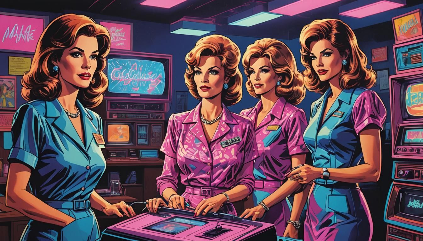 Retro-Futuristic Housewives Marvel at Glowing TV in a Blast....