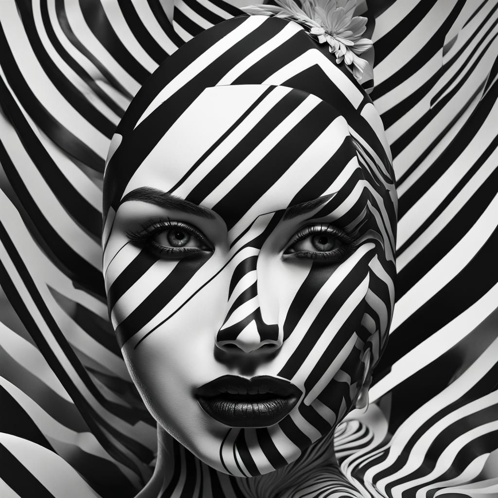 Vibrant Optical Illusion of Striped Masked Woman