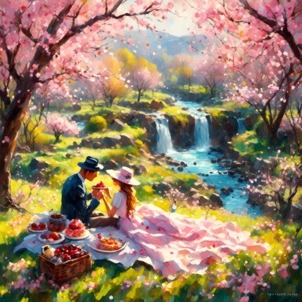 Romantic Cherry Blossom Picnic Scene in Impressionist Style