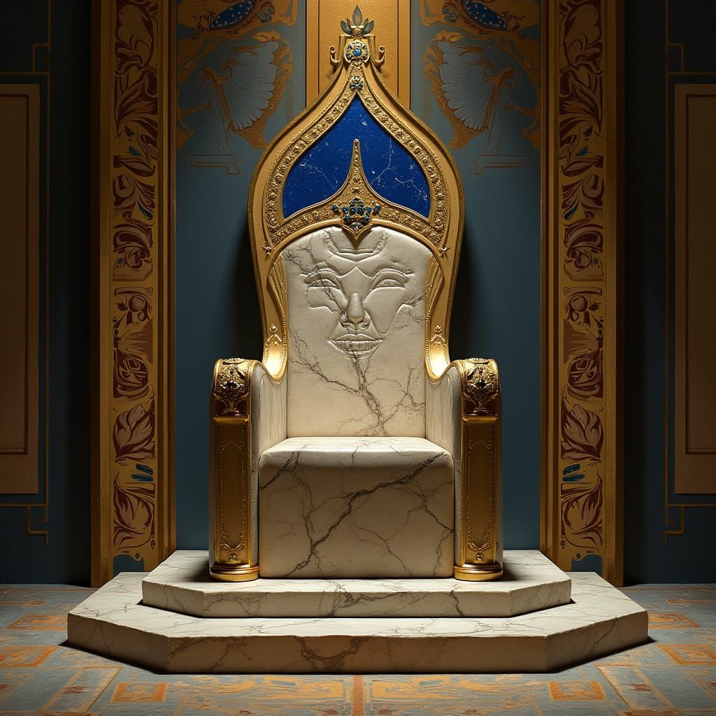 Regal Art Deco Throne with Egyptian Hieroglyphics and Golden...
