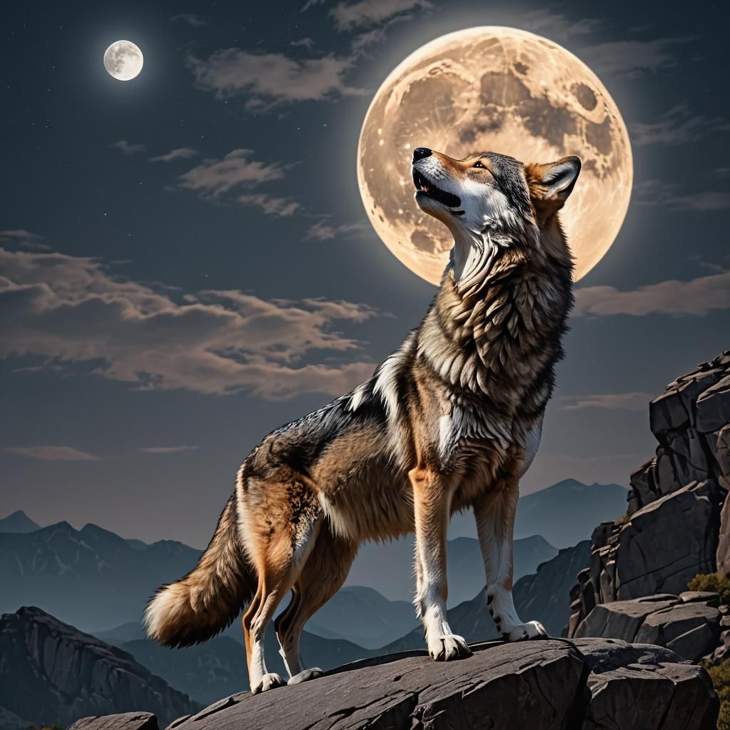 Wild Wolf Under Full Moon Illuminated on Rocky Outcropping