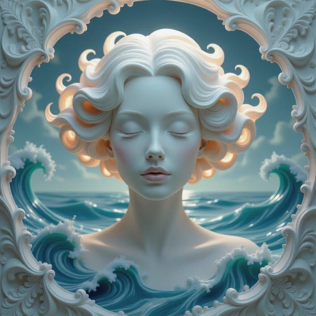 Surreal Porcelain Woman Portrait with Luminous Hair and Seas...