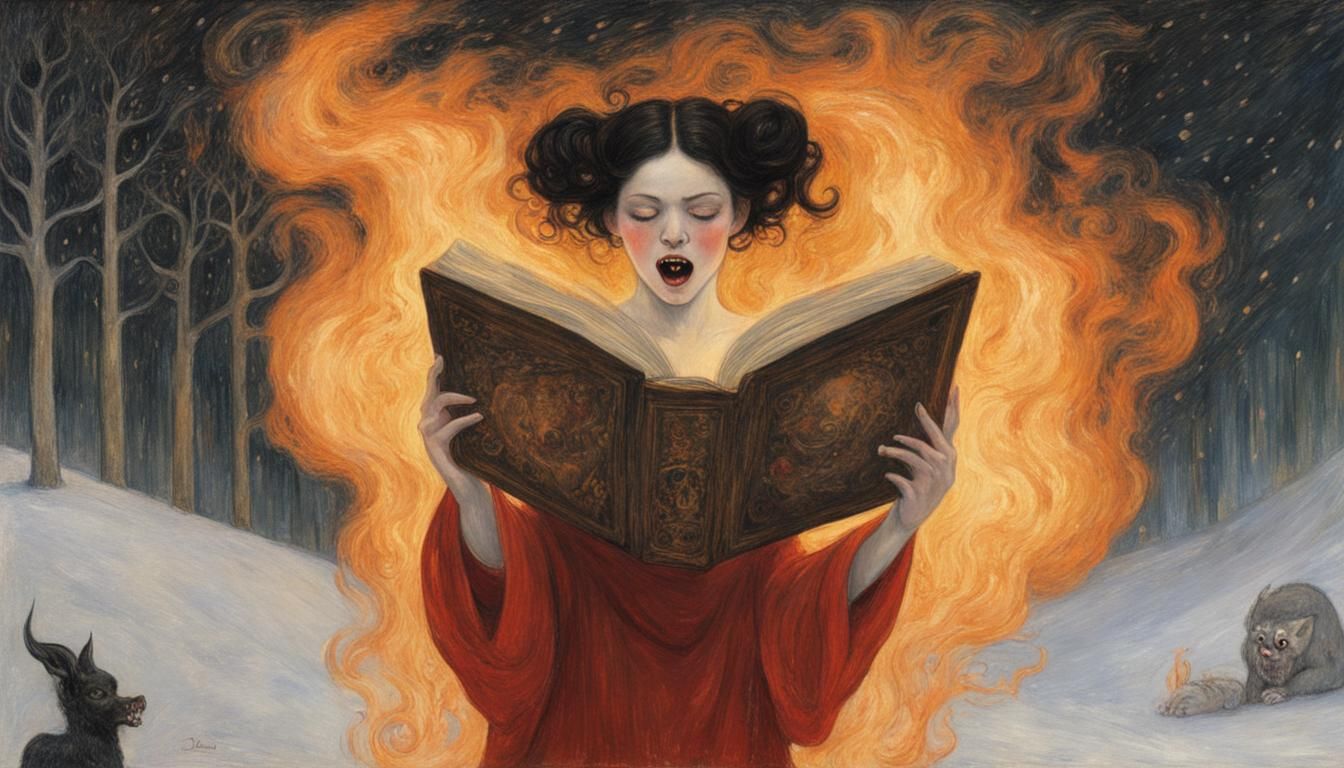 Gothic Demoness Confronts Blazing Heart in Snowy Abyss