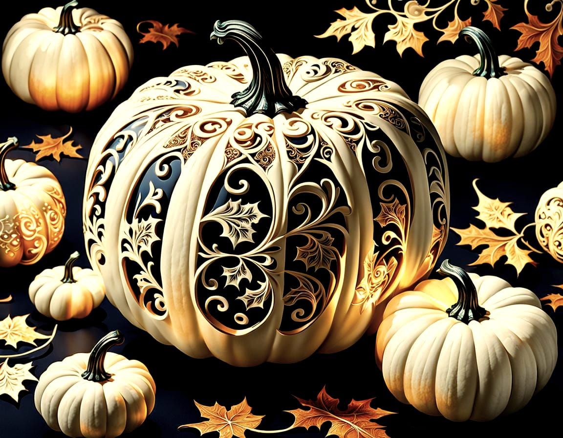 Ornate Illuminated Pumpkins in Cream Colored Filigree