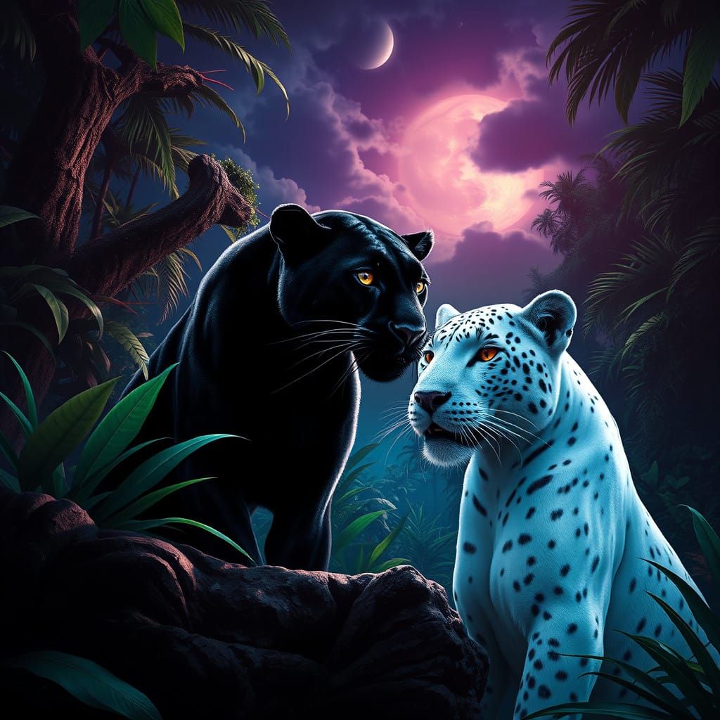 Enchanting Jungle Realm with Black and White Panthers under ...