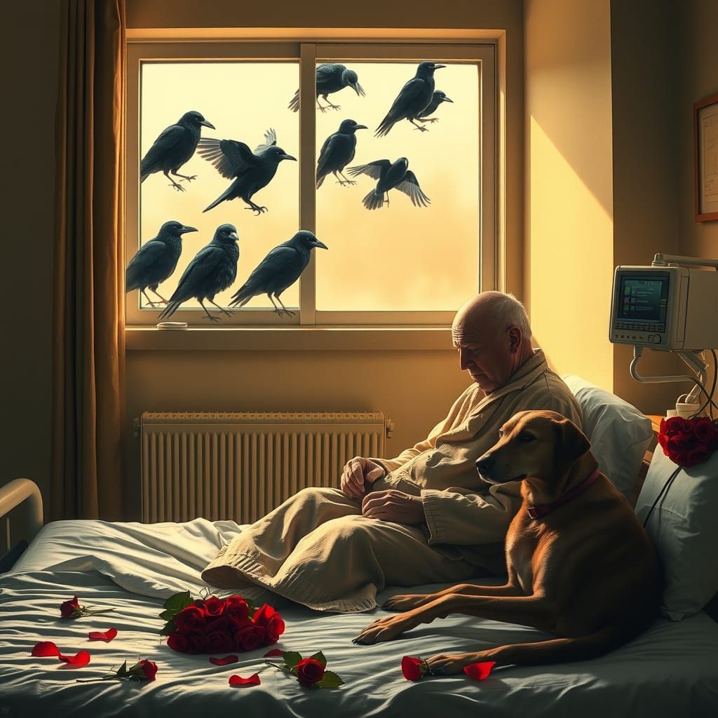 Elderly Man in Hospital, Surrounded by Ravens and Loyal Comp...