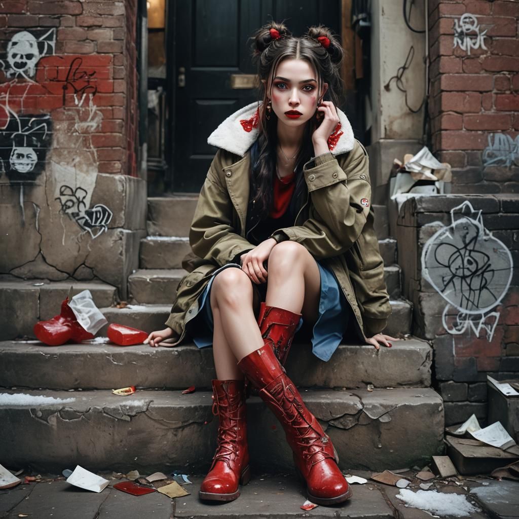 Punk Snow White in Dimly Lit Alleyway