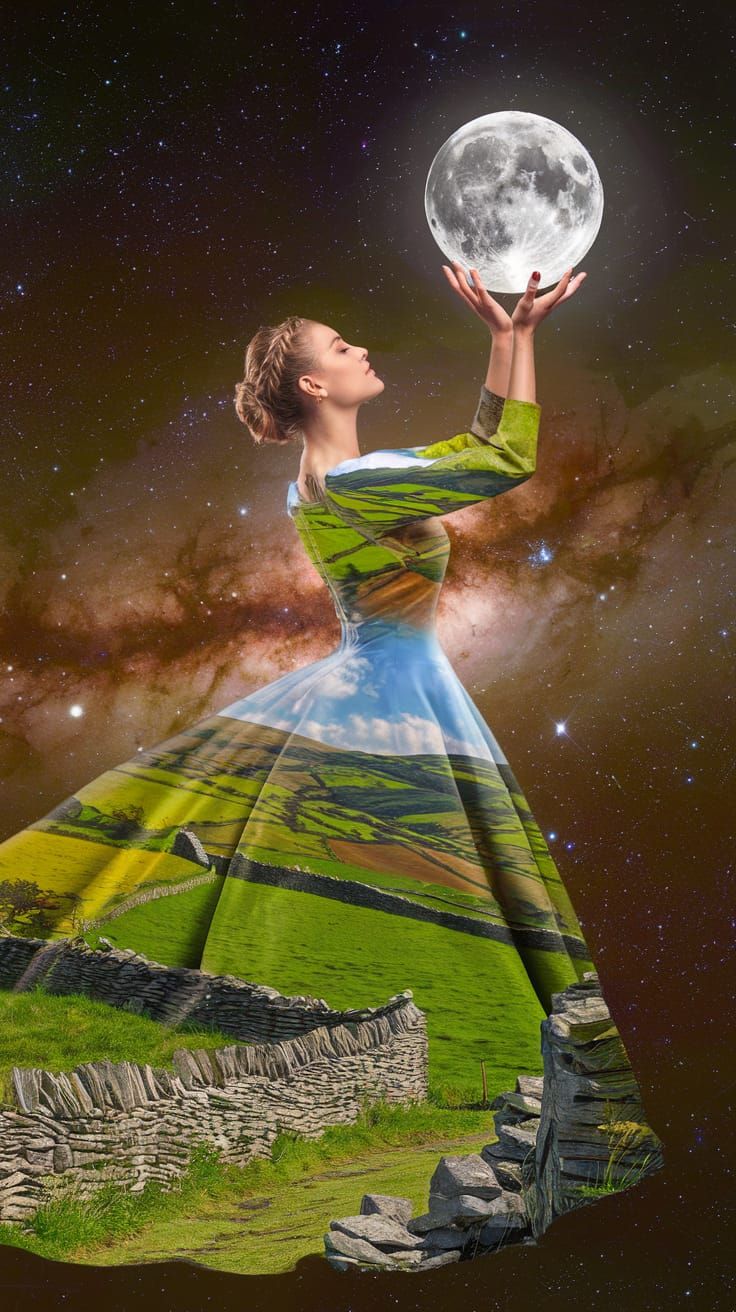 Irish Goddess Embracing Celestial Harmony in Ethereal Double...