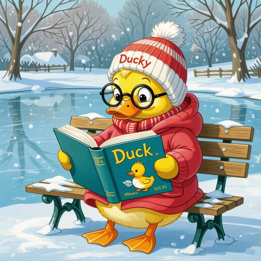 Cute Duckling Reading by Frozen Pond in Winter