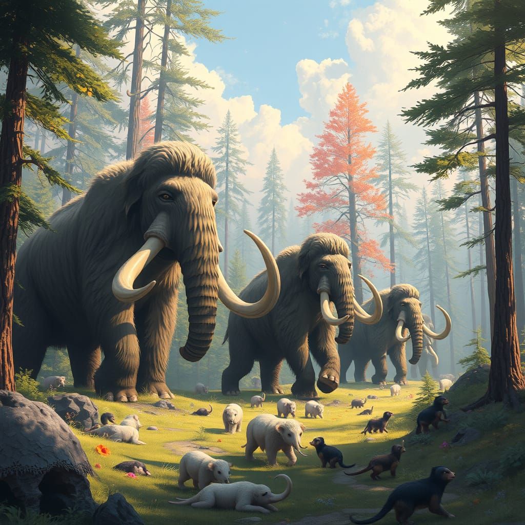 Woolly Mammoths Roam in Dreamlike Prehistoric Forest