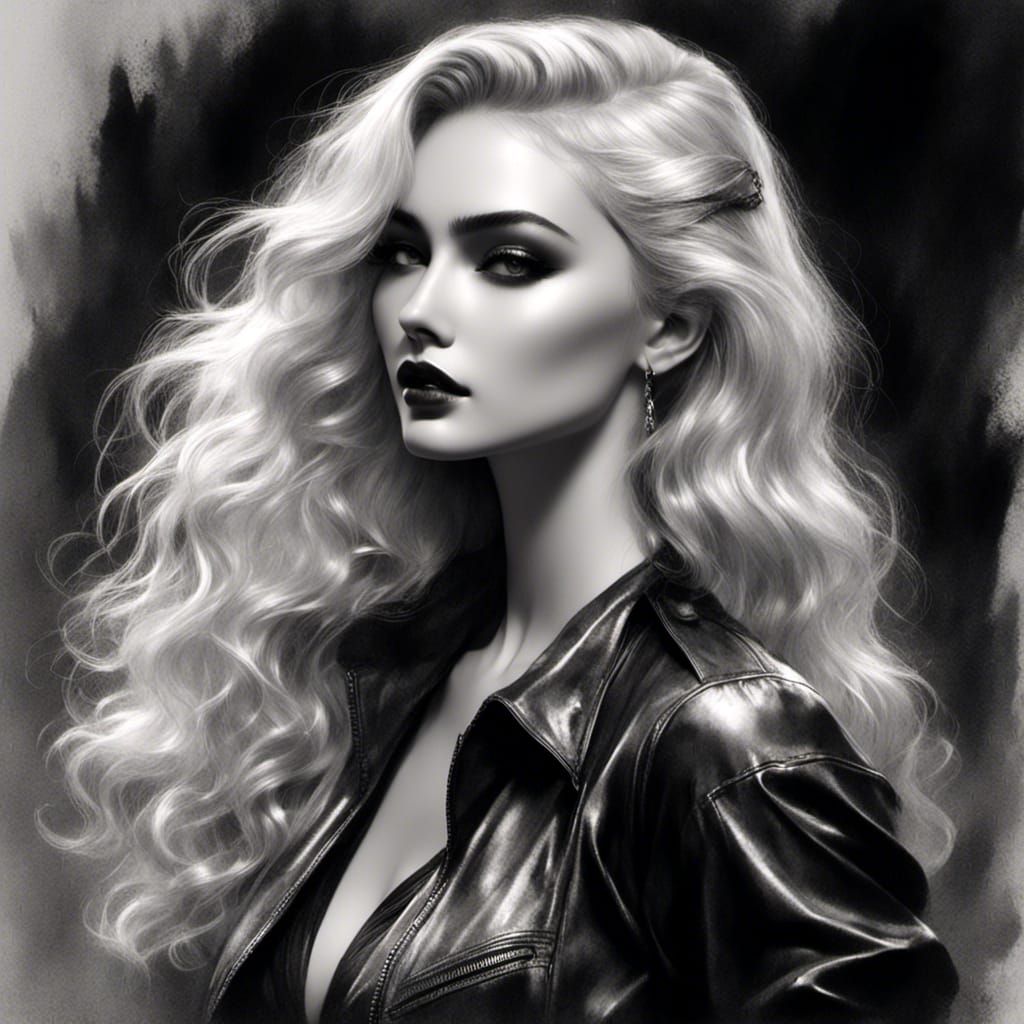 Glamorous Woman in Black Leather Dress in a Sketch Style