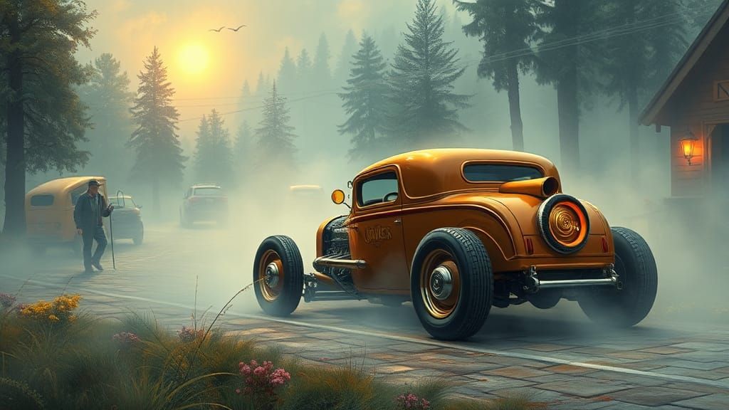 Surreal Fantasy Hot Rod in a Whimsical Landscape during the....